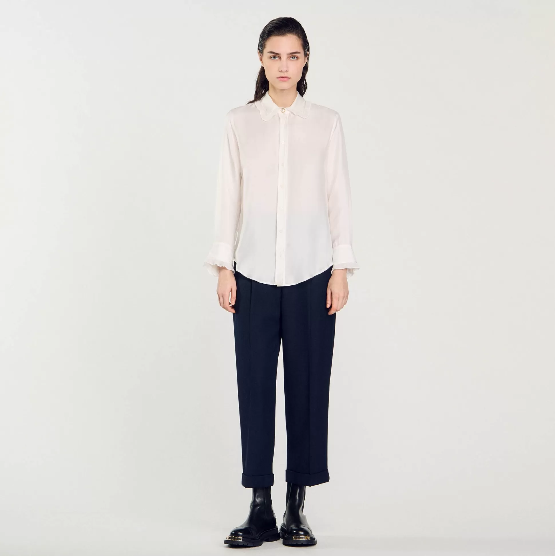 Mujer Sandro Paris Tops & Camisas<Camisa De Seda, Cuello Bordado Y Plisado