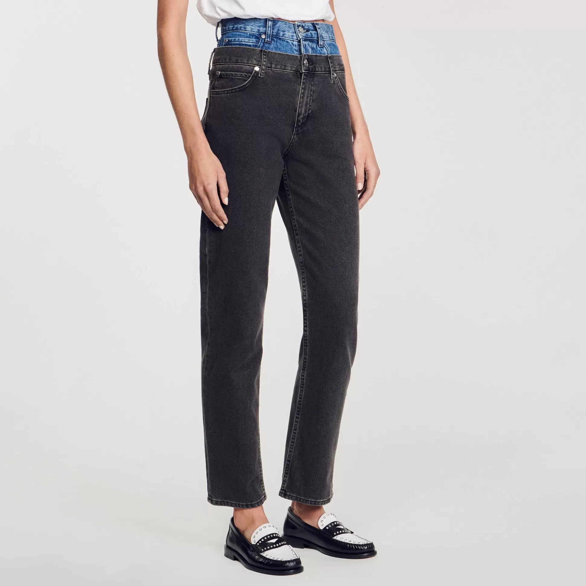 Mujer Sandro Paris Vaqueros<Vaquero Con Cintura Doble Bicolor